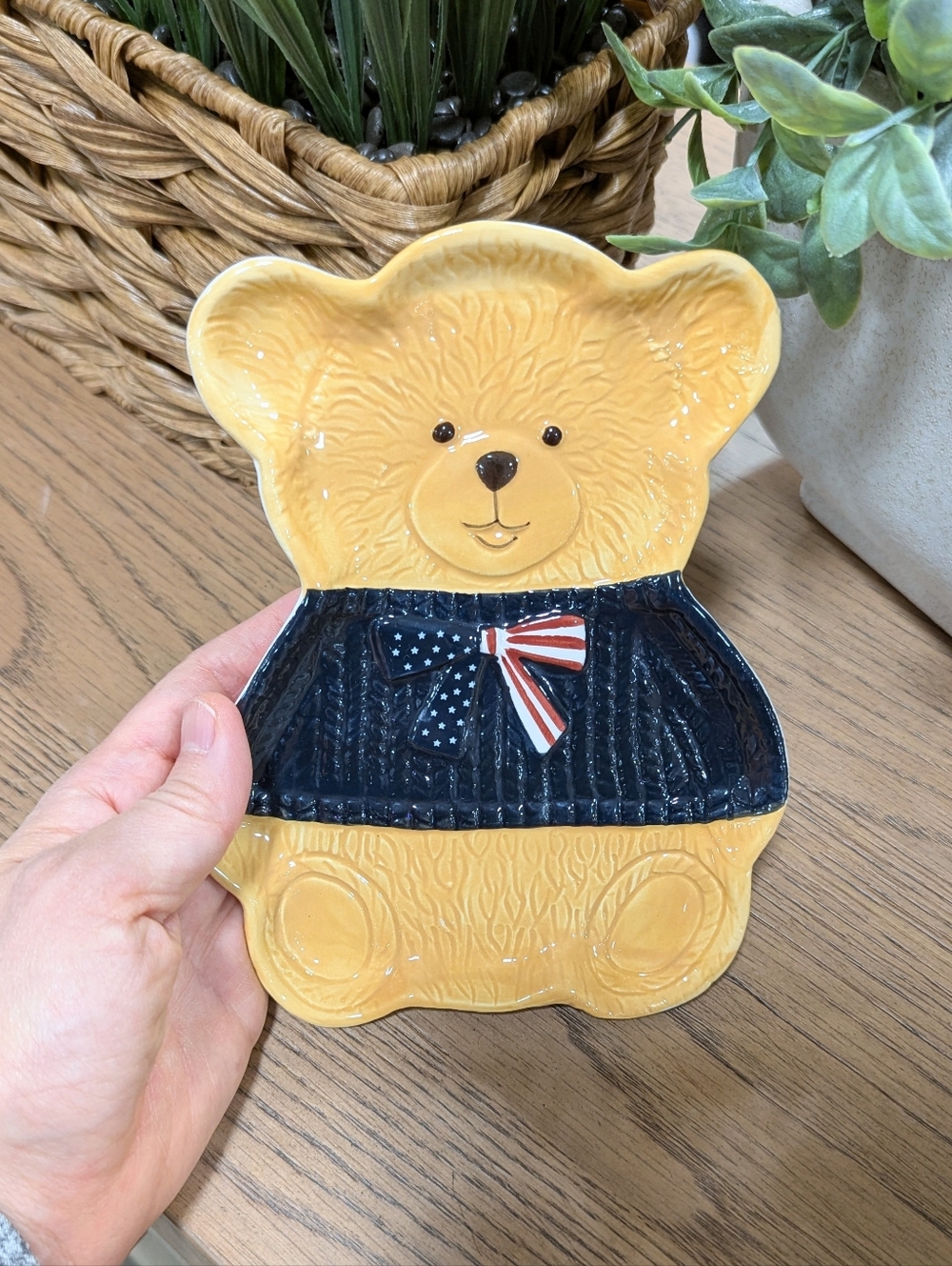 Dabney Lee Ceramic 4th of July Teddy Bear in Patriotic Bow Sweater Spoon Rest
